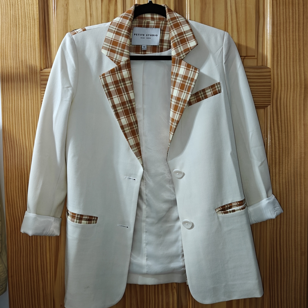 Petite Studio Blazer with Checkered Plaid Accents 70s Harry Styles Inspired